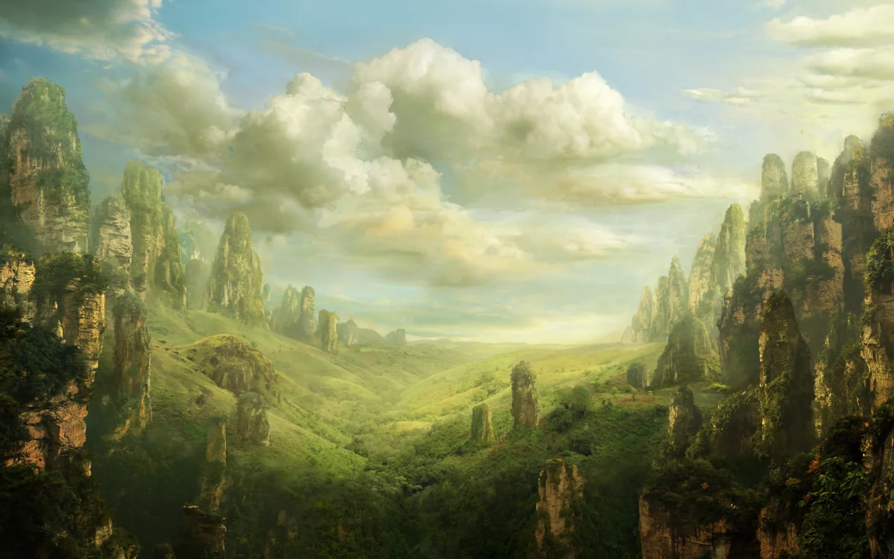 долина, valley, fantasy, скалы, art, pulpoglow