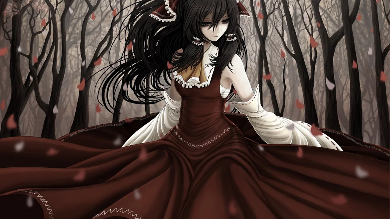 девушка, touhou, листья, деревья, бант