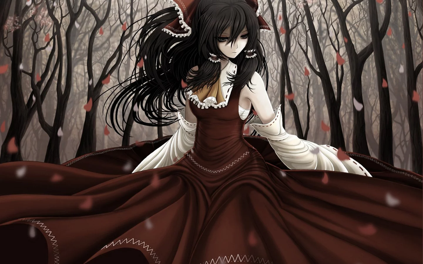 девушка, touhou, листья, деревья, бант