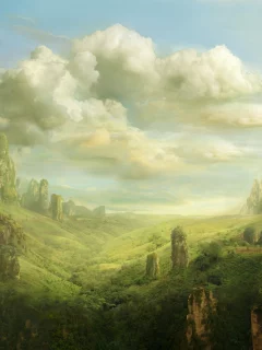долина, valley, fantasy, скалы, art, pulpoglow