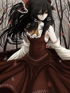 девушка, touhou, листья, деревья, бант