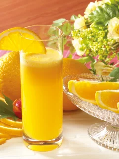 стакан, цветы, апельсины, сок