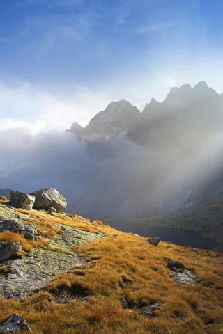 скалы, облака, утро, осень, небо, горы