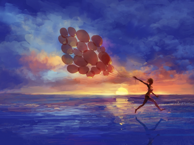 арт, море, воздушные шары, девушка, бег