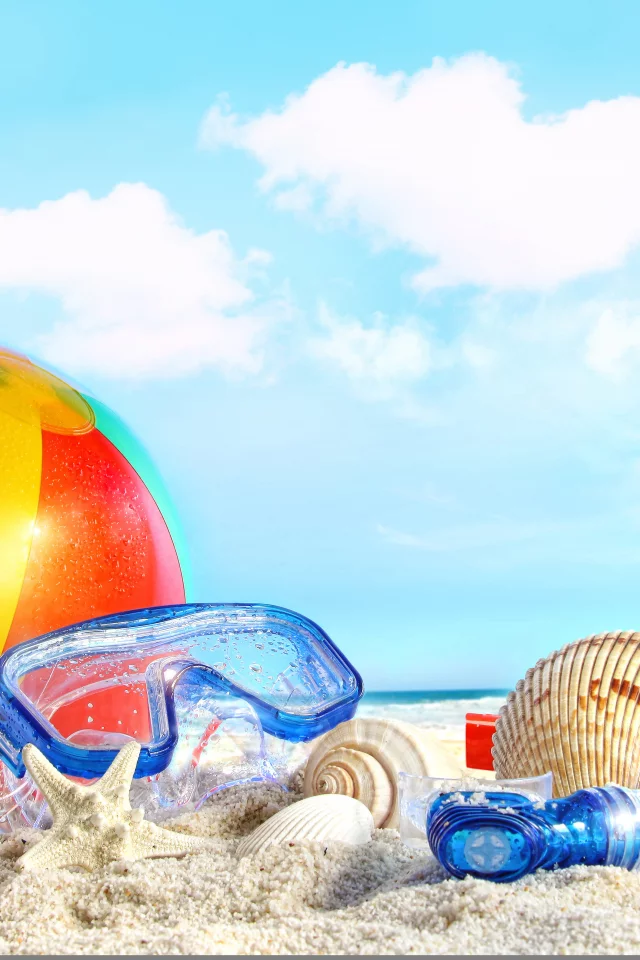 sand, sea, ball, clouds, beach, sky, nature, небо, shells
