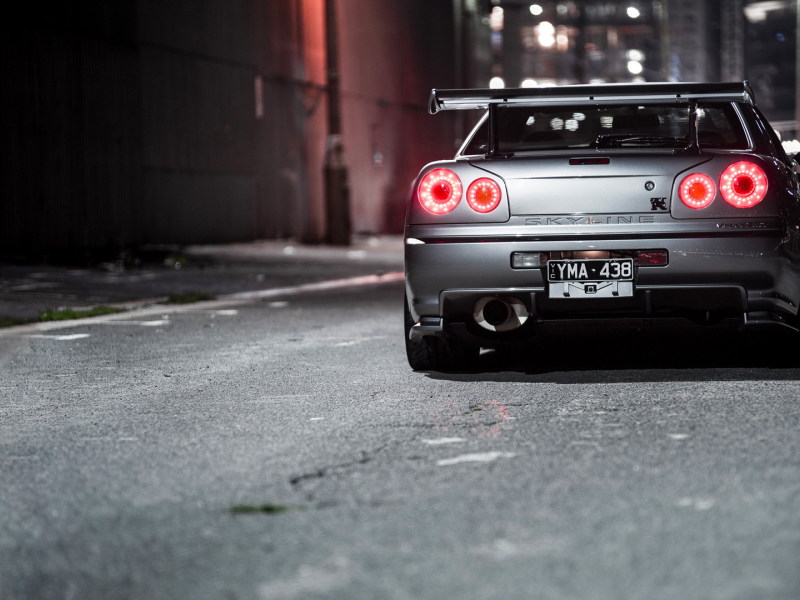 ночь, nissan, переулок, skyline, r34, organic metal