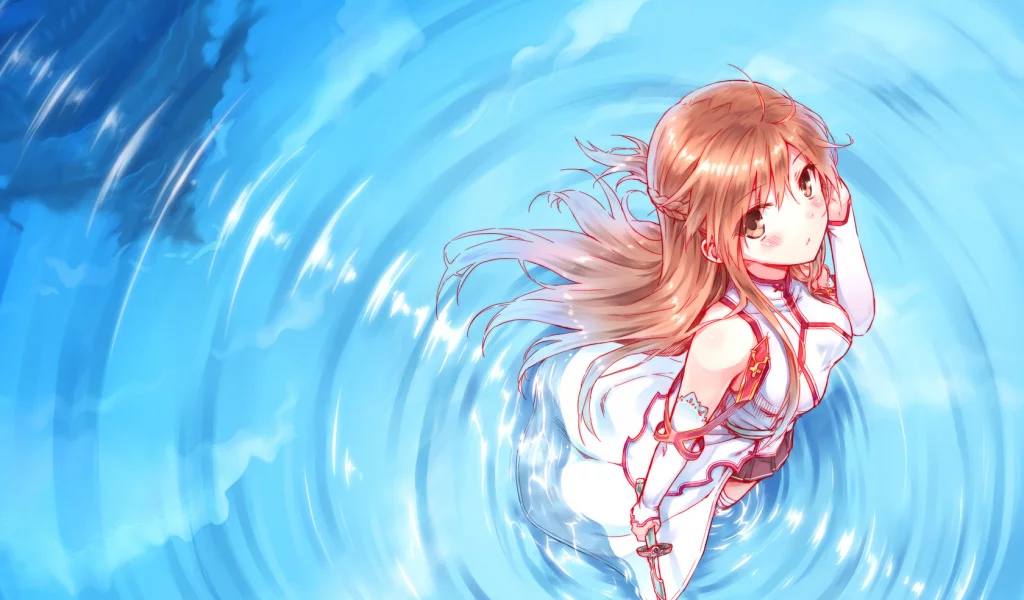 вода, девушка, платье, yuuki asuna, оружие
