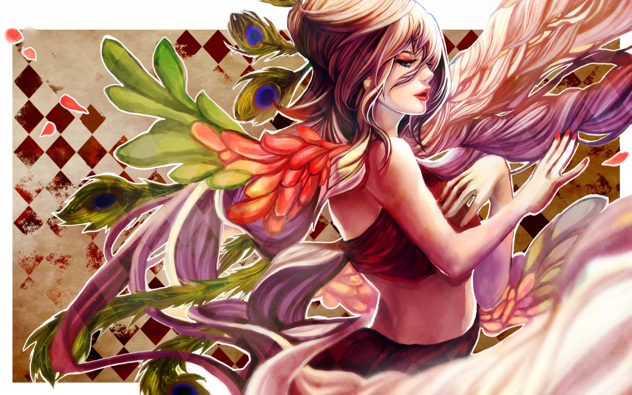 kirin no hinote, арт, девушка, перья