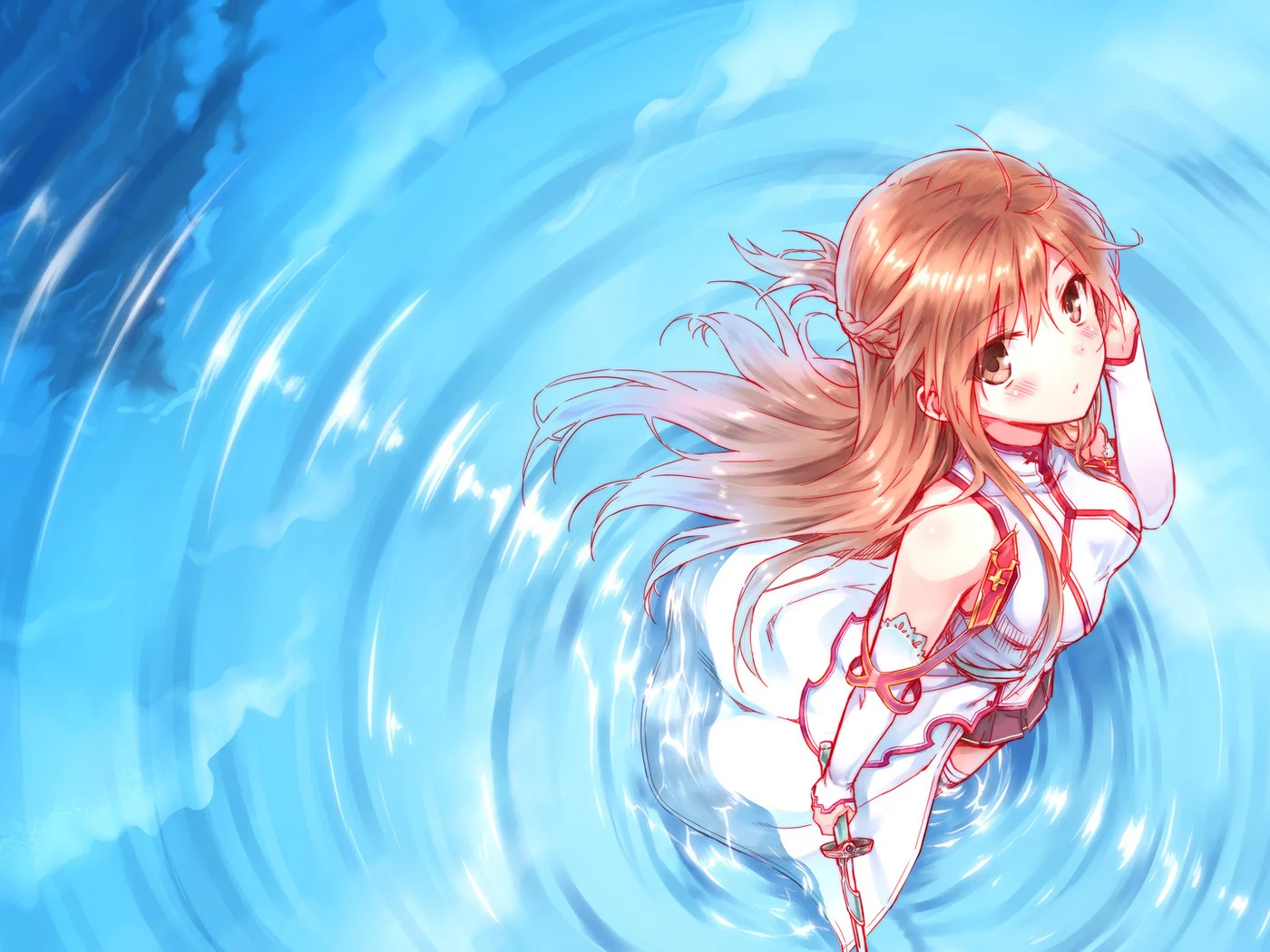вода, девушка, платье, yuuki asuna, оружие