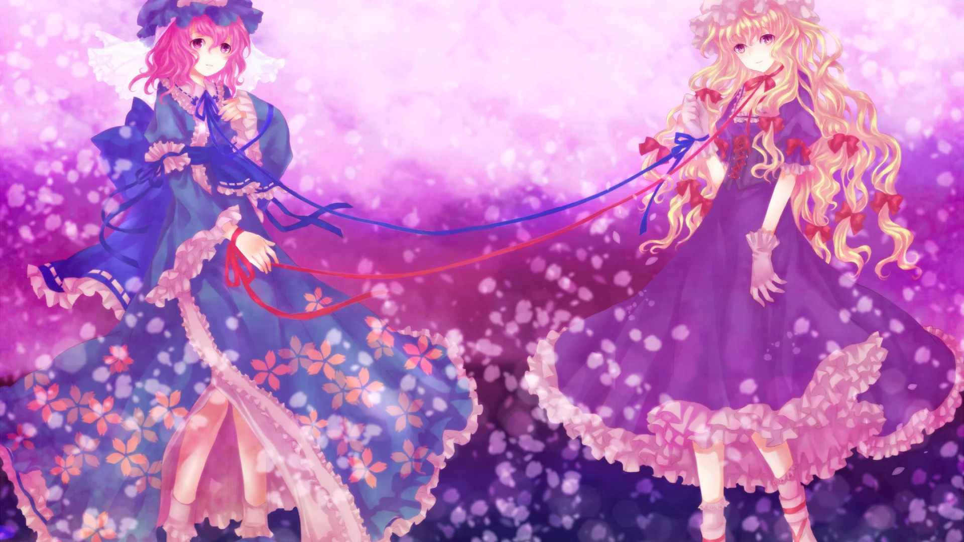 девушки, yuyuko, touhou, сакура, аниме, yukari