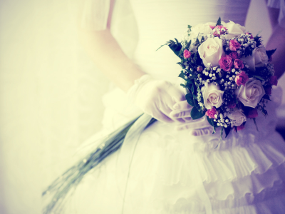 перчатки, невеста, цветы, букет