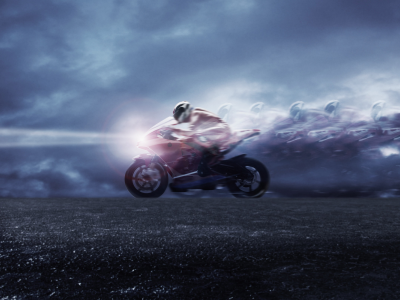 мотоцикл, тучи, свет, скорость, гонщик