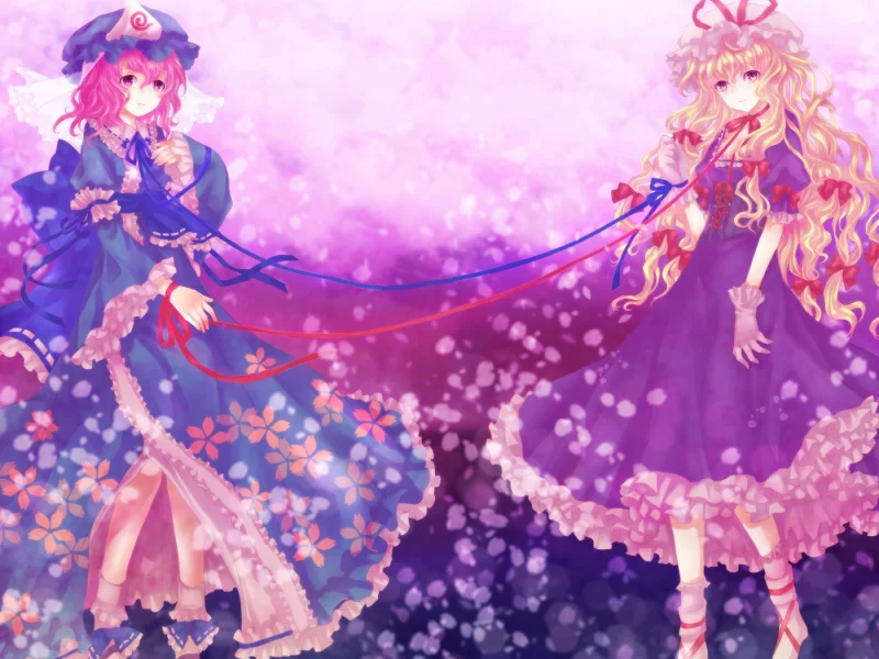 девушки, yuyuko, touhou, сакура, аниме, yukari