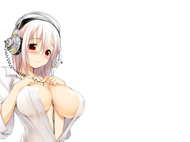 anime, purple, shirt, cleavage, earphones, tits, red