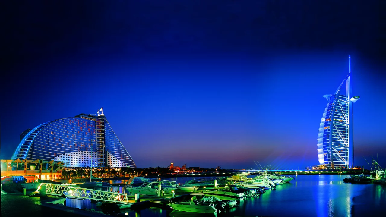 город, ночь, дубай, jumeirah beach hotel