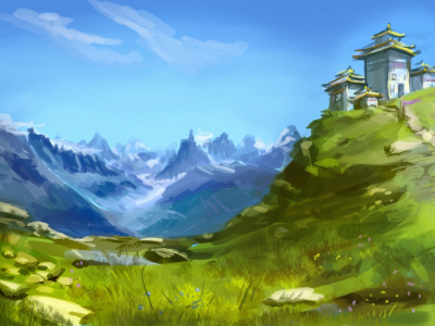 здание, горы, холм, пейзаж, арт, трава