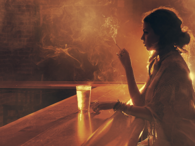 бар, стакан, дым, девушка, сигарета