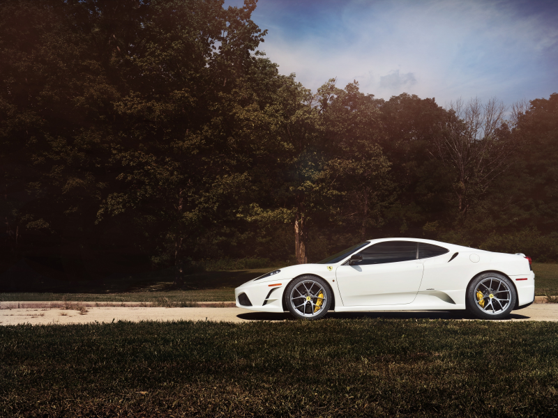 f430, white, sky, forest, trees, road, ferrari, scuderia