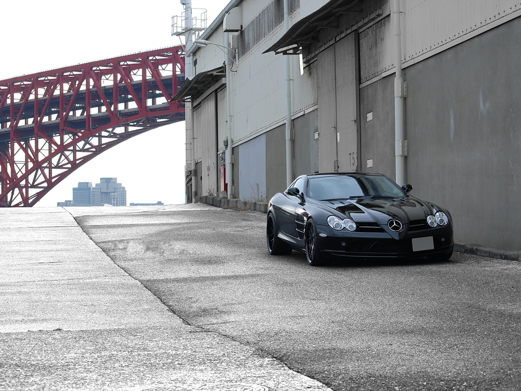 red, black, slr mclaren, mercedes benz, bridge