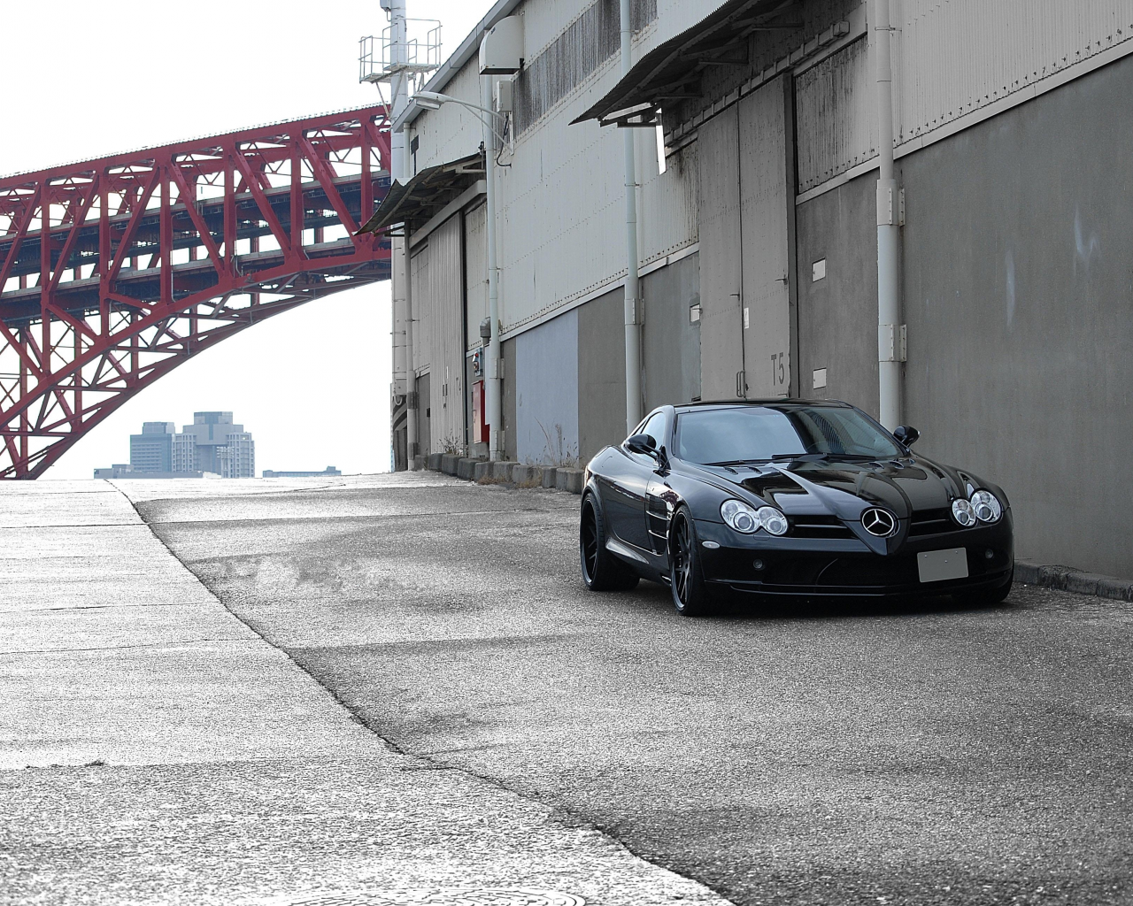 red, black, slr mclaren, mercedes benz, bridge