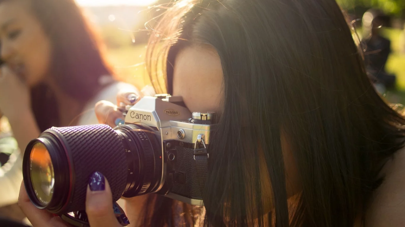 фотоаппарат, снимает, девушка, canon