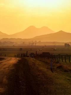 дорога, забор, пейзаж, закат