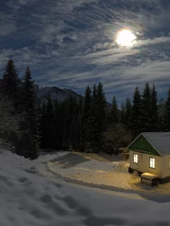 ночь, снег, зима, горы, домик, лес