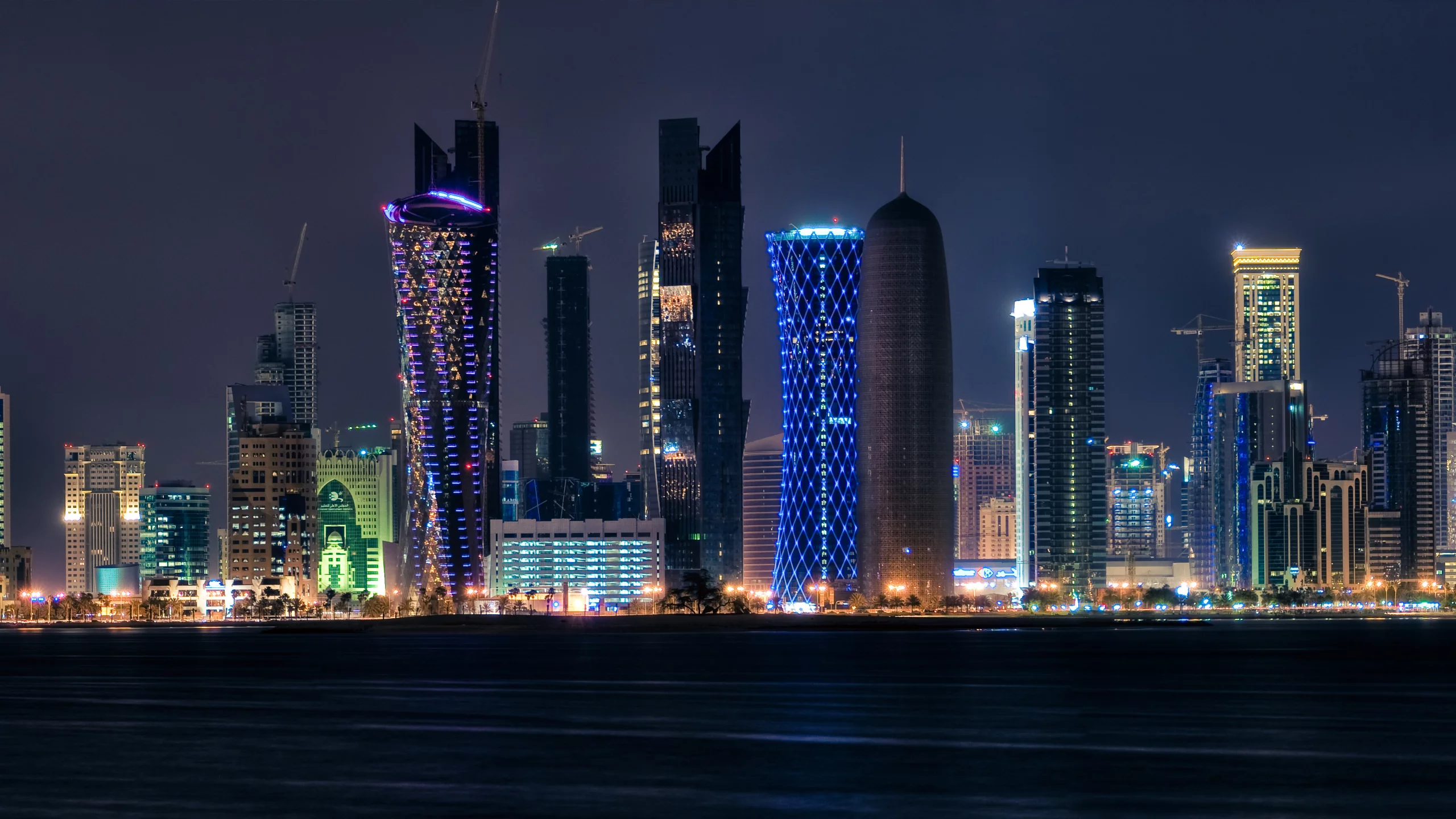 огни, doha, qatar, ночь