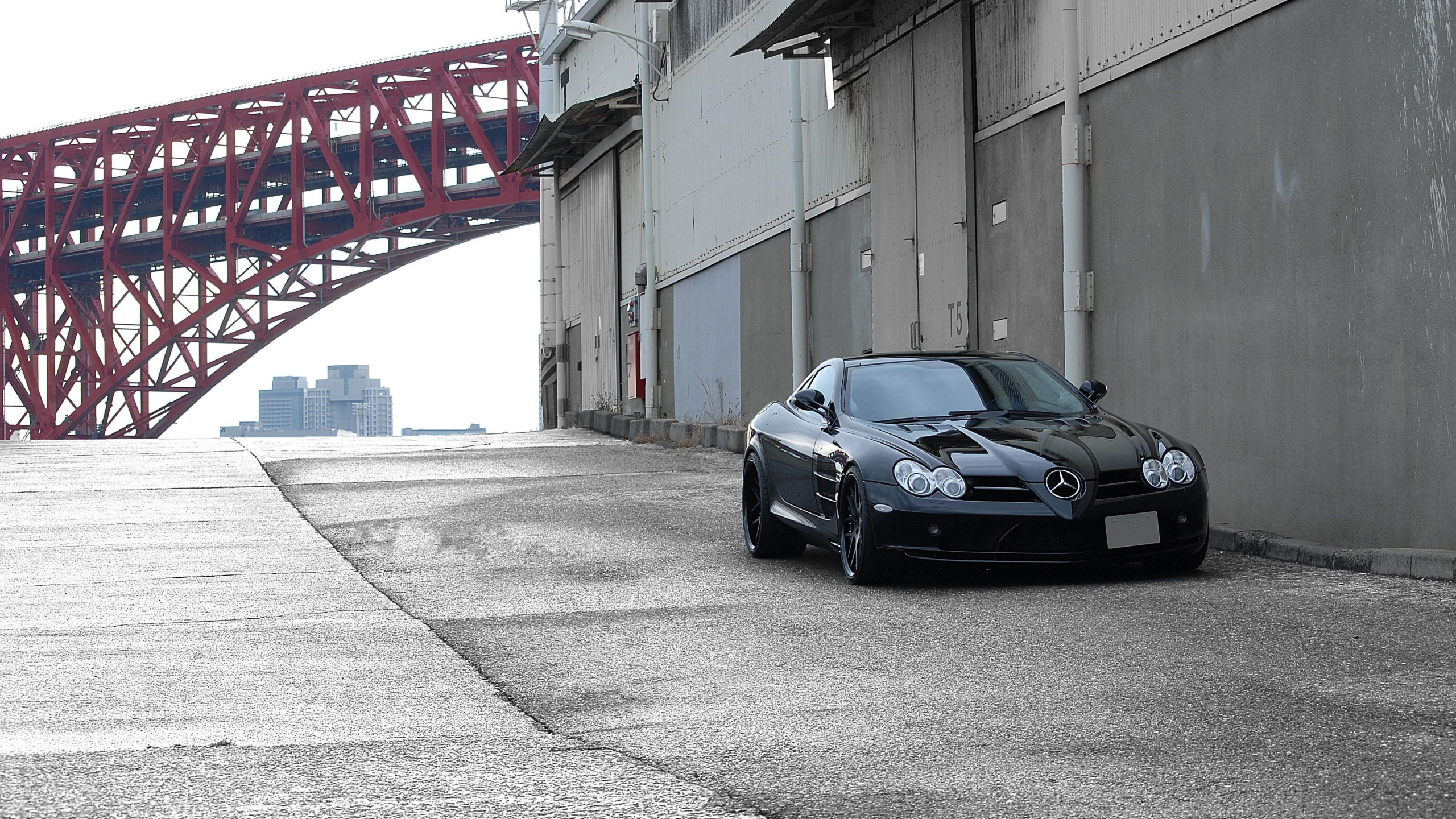 red, black, slr mclaren, mercedes benz, bridge