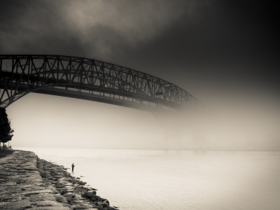 туман, город, река, мост