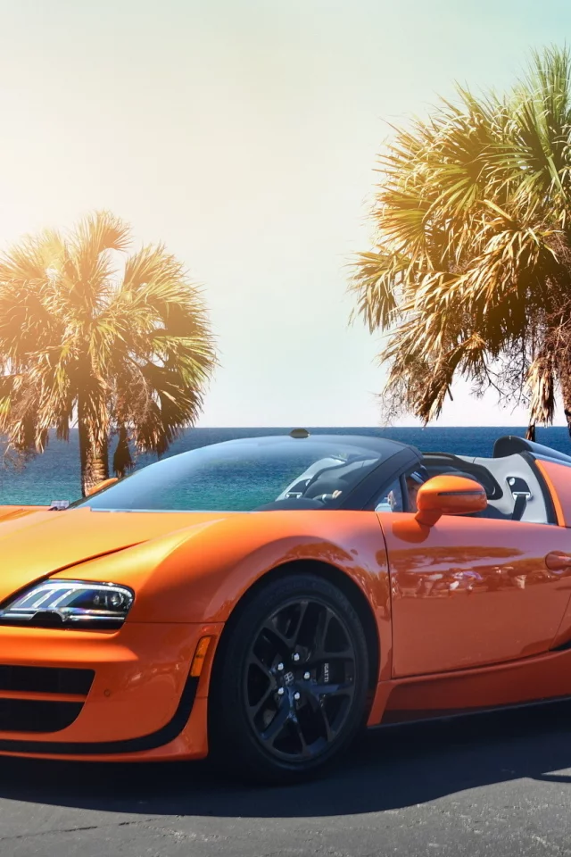 veyron, гиперкар, bugatti, пляж, оранжевый