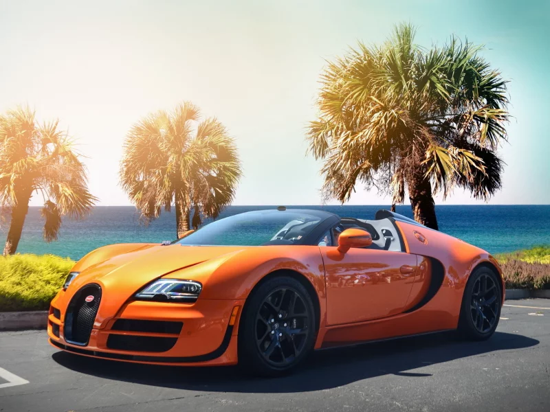 veyron, гиперкар, bugatti, пляж, оранжевый