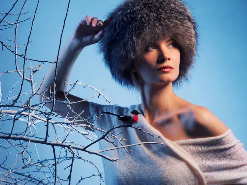 fashion, девушка, ветки, взгляд, шапка