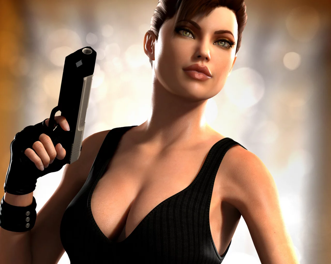 девушка, lara croft, оружие, арт, пистолет