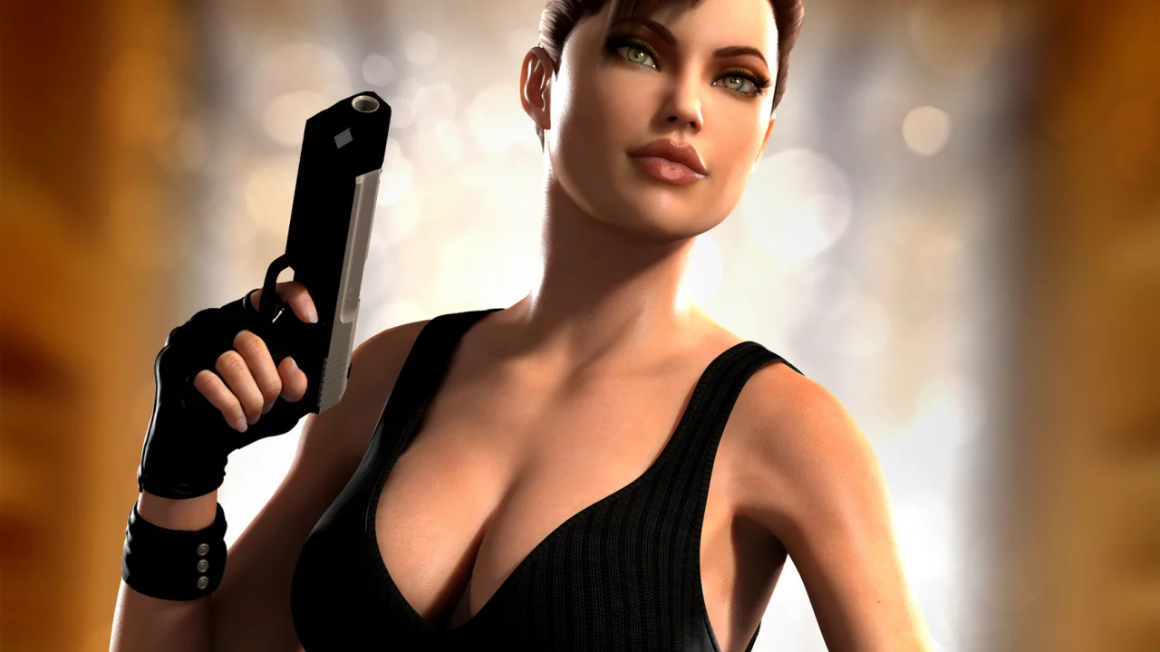 девушка, lara croft, оружие, арт, пистолет