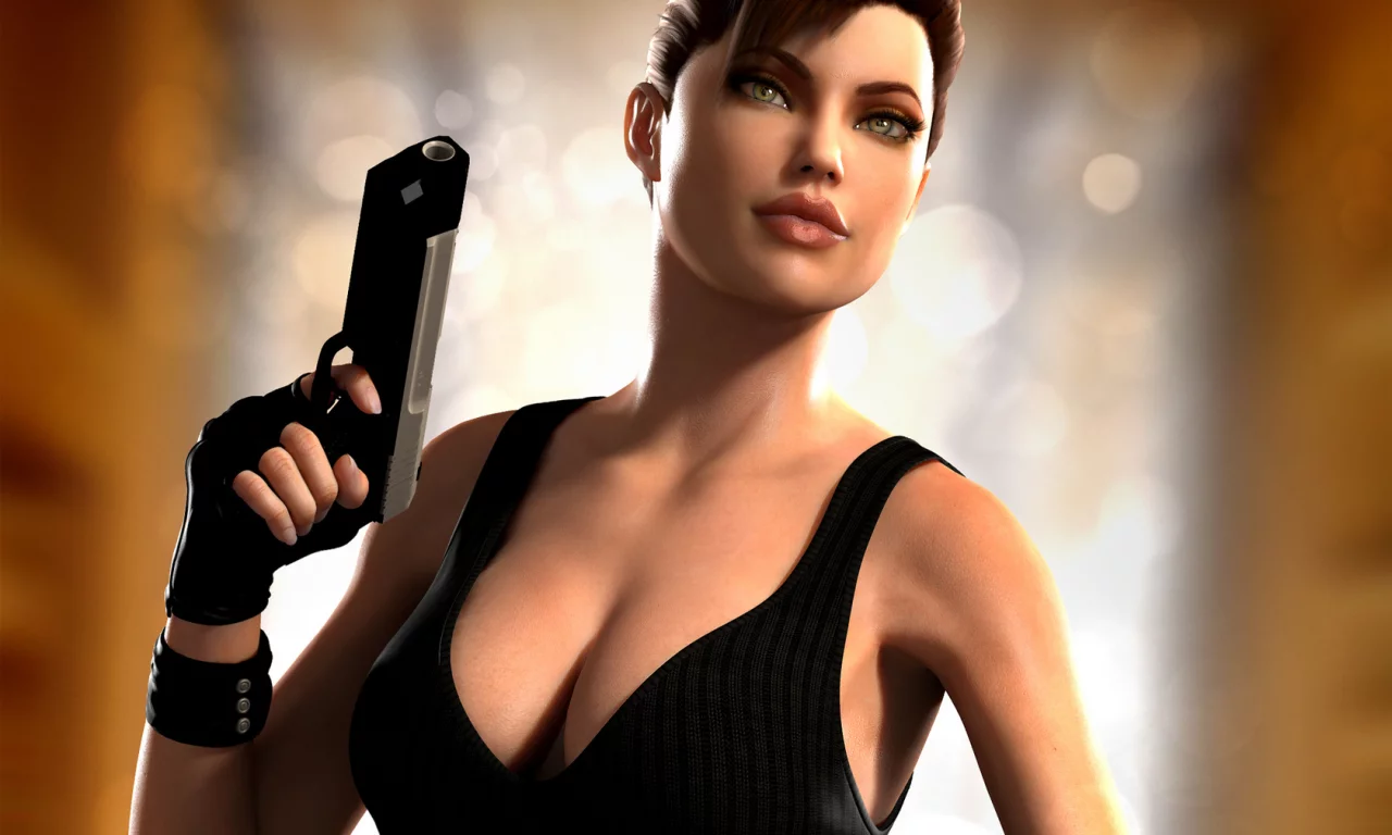 девушка, lara croft, оружие, арт, пистолет