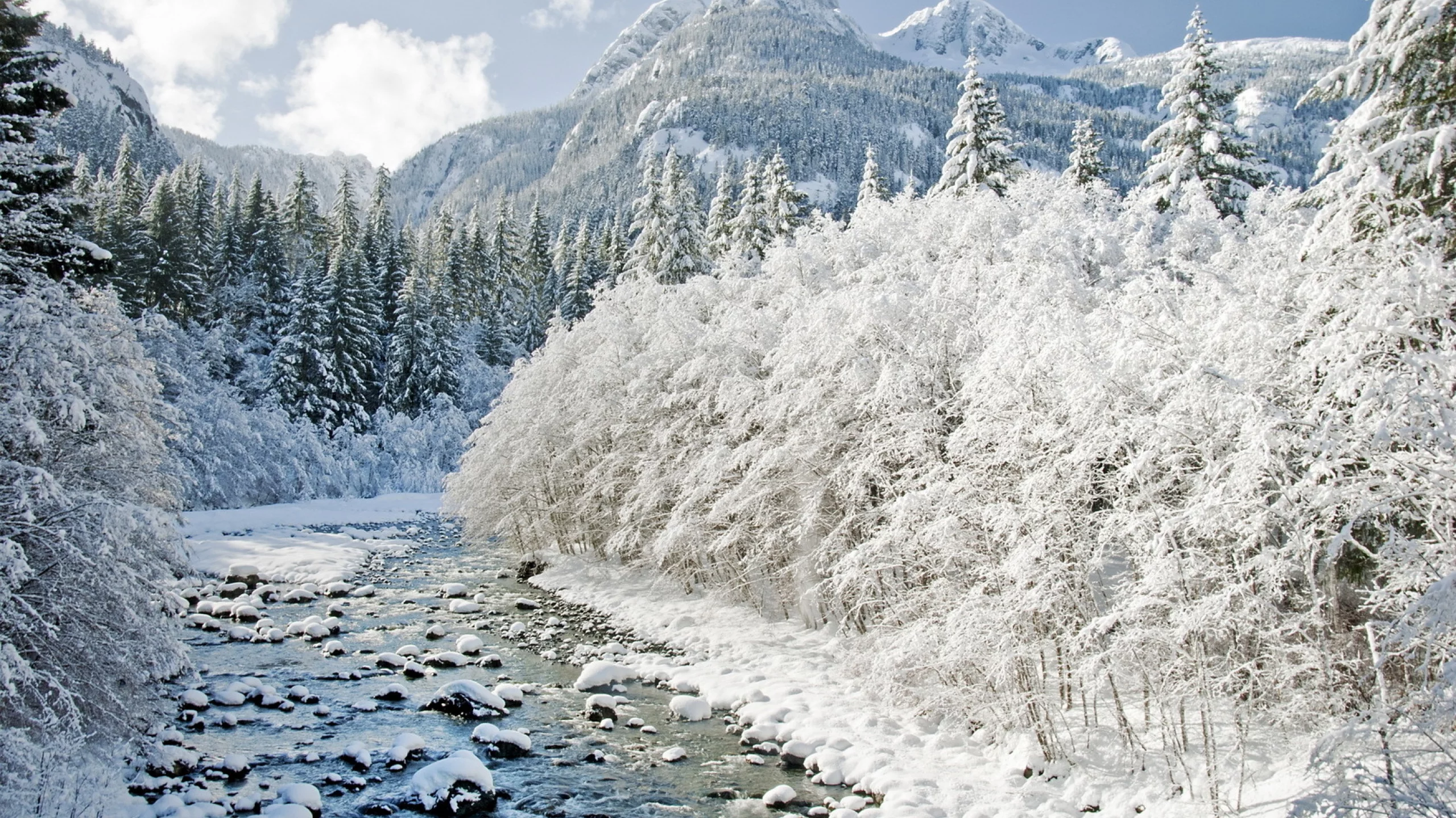 горы, река, зима