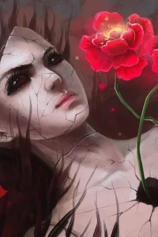 девушка, трещины, цветы, арт