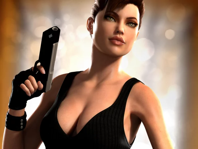 девушка, lara croft, оружие, арт, пистолет