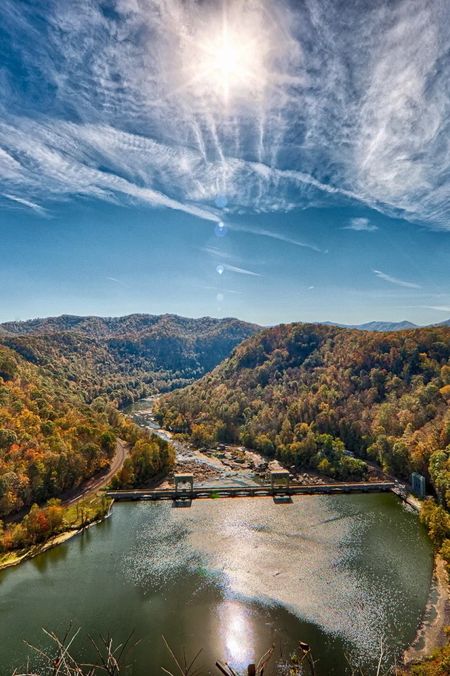 река, небо, сша, new river, мост, лес, солнце