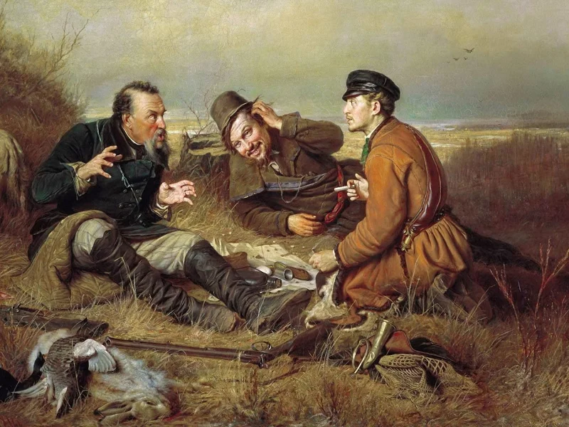 осень, природа, привал, охота, собаки