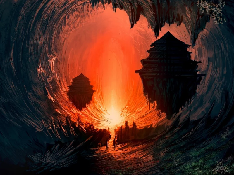 пейзаж, пещера, огонь, свет