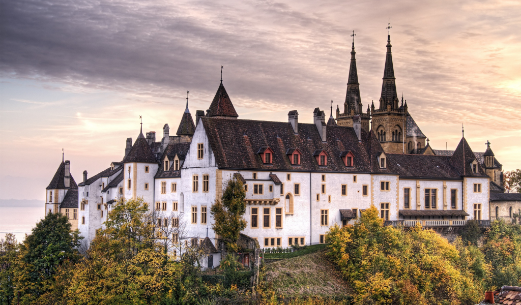 castle, Деревья, замок, trees, Швейцария, Switzerland