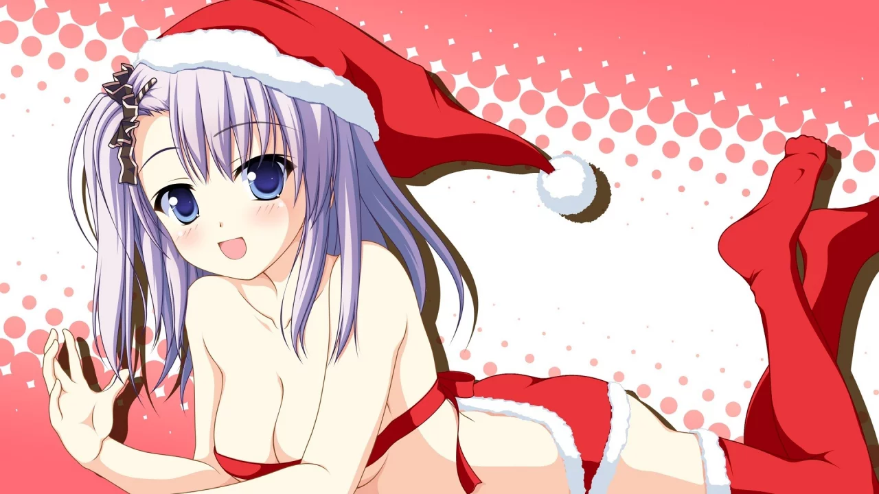 blush, purple hair, головные уборы, Рождество, blue eyes, рождественские наряды, Christmas outfits, ribbons, без лифчика, фиолетовые волосы, anime girls, голубые глаза, no bra, ленты, румянец, декольте, Christmas, аниме девушки, hats, cleavage