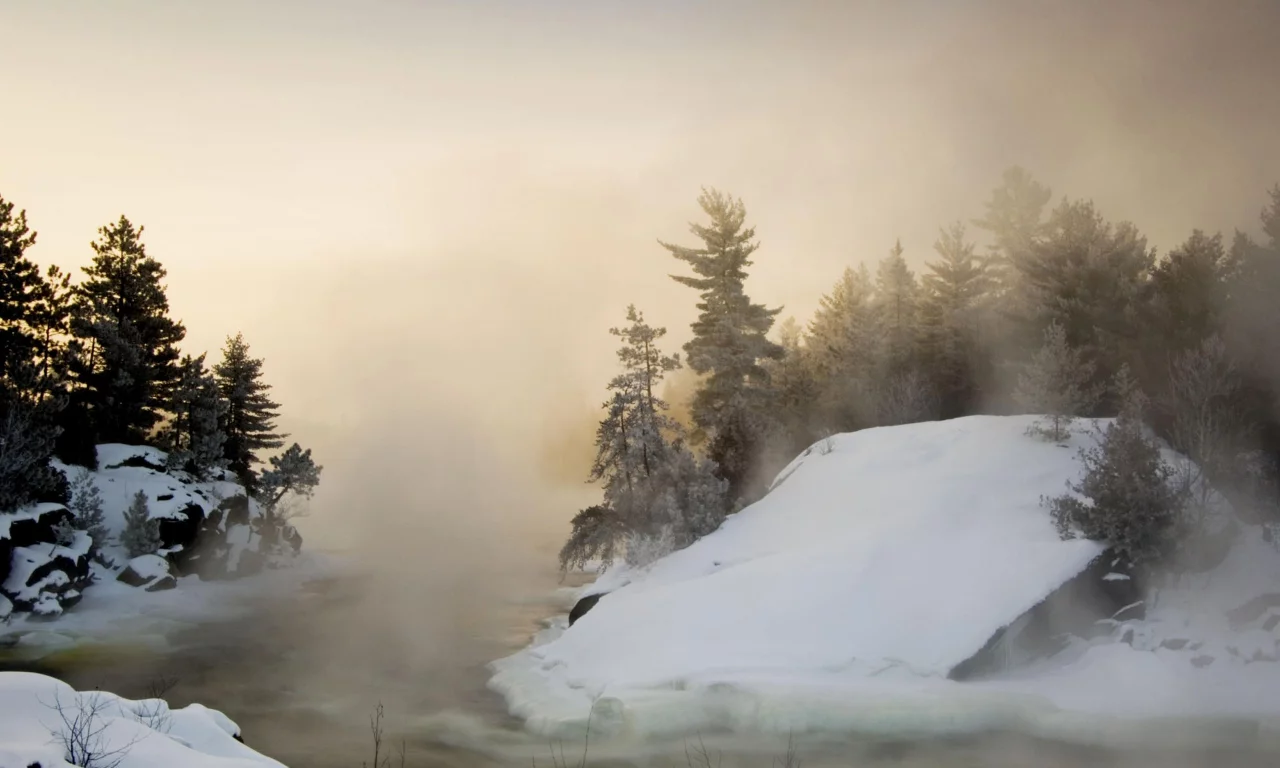 рек, снег, пихты, snow, rivers, fir, туман, fog