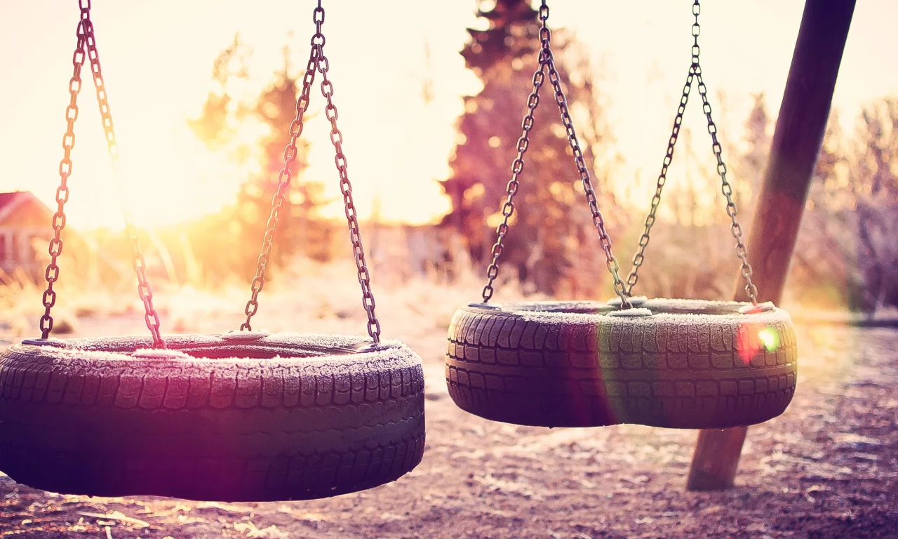 , sunlight, swings, tires