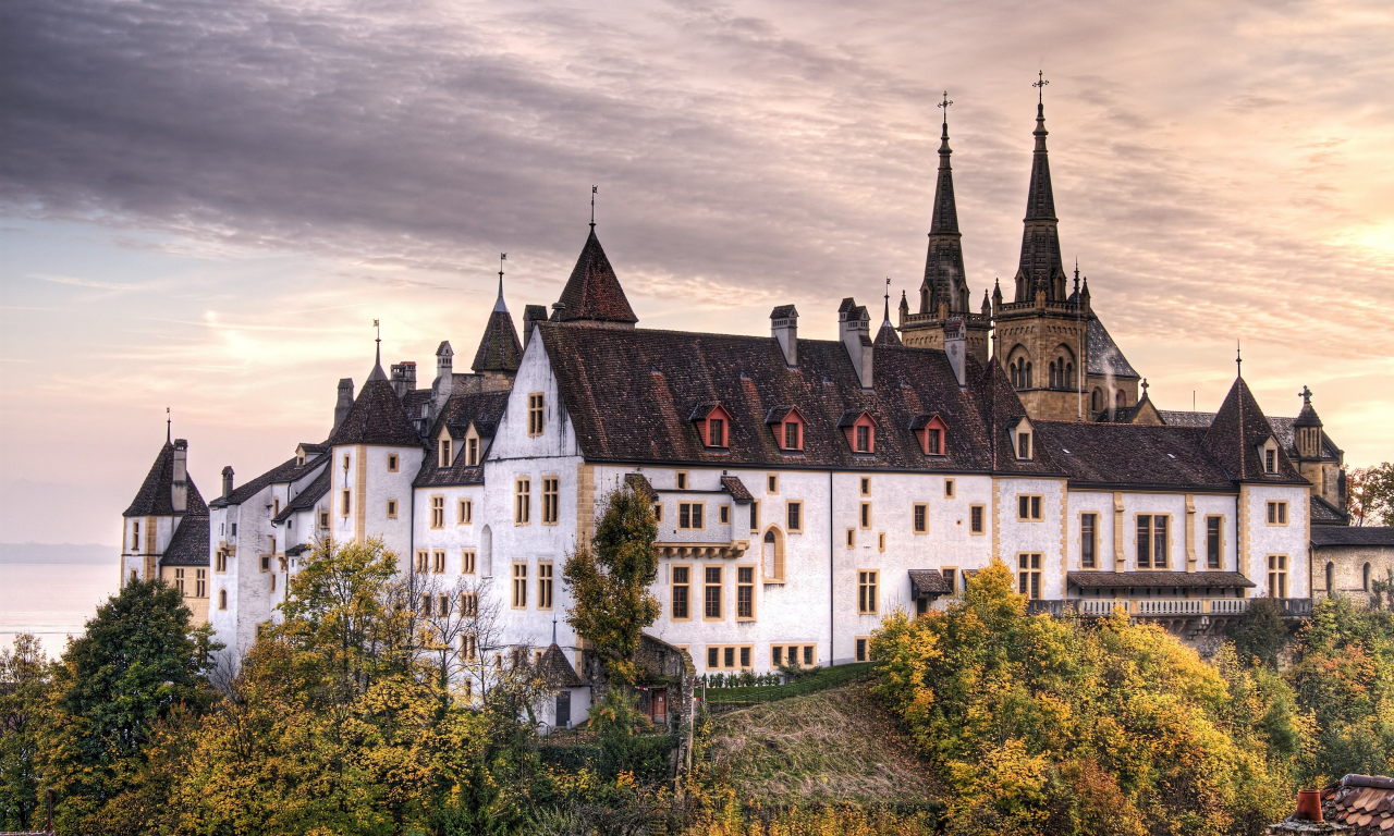 castle, Деревья, замок, trees, Швейцария, Switzerland