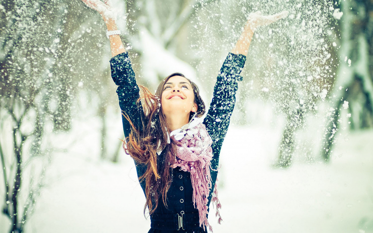улыбка, смех, девушка, снег, зима, фотосессия