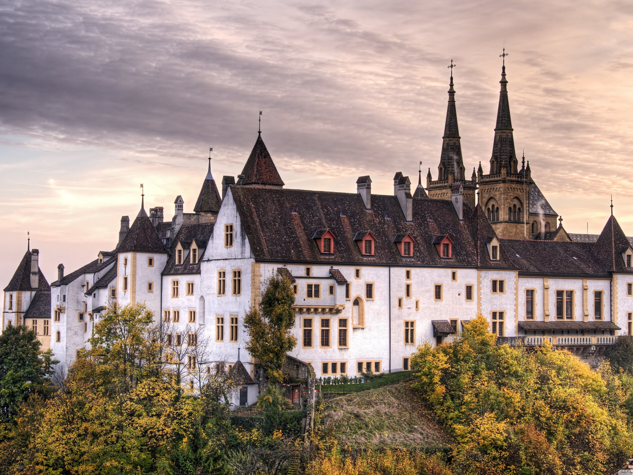 castle, Деревья, замок, trees, Швейцария, Switzerland