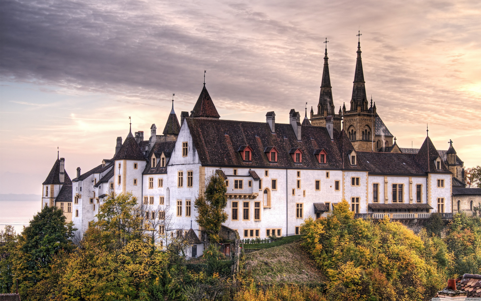 castle, Деревья, замок, trees, Швейцария, Switzerland